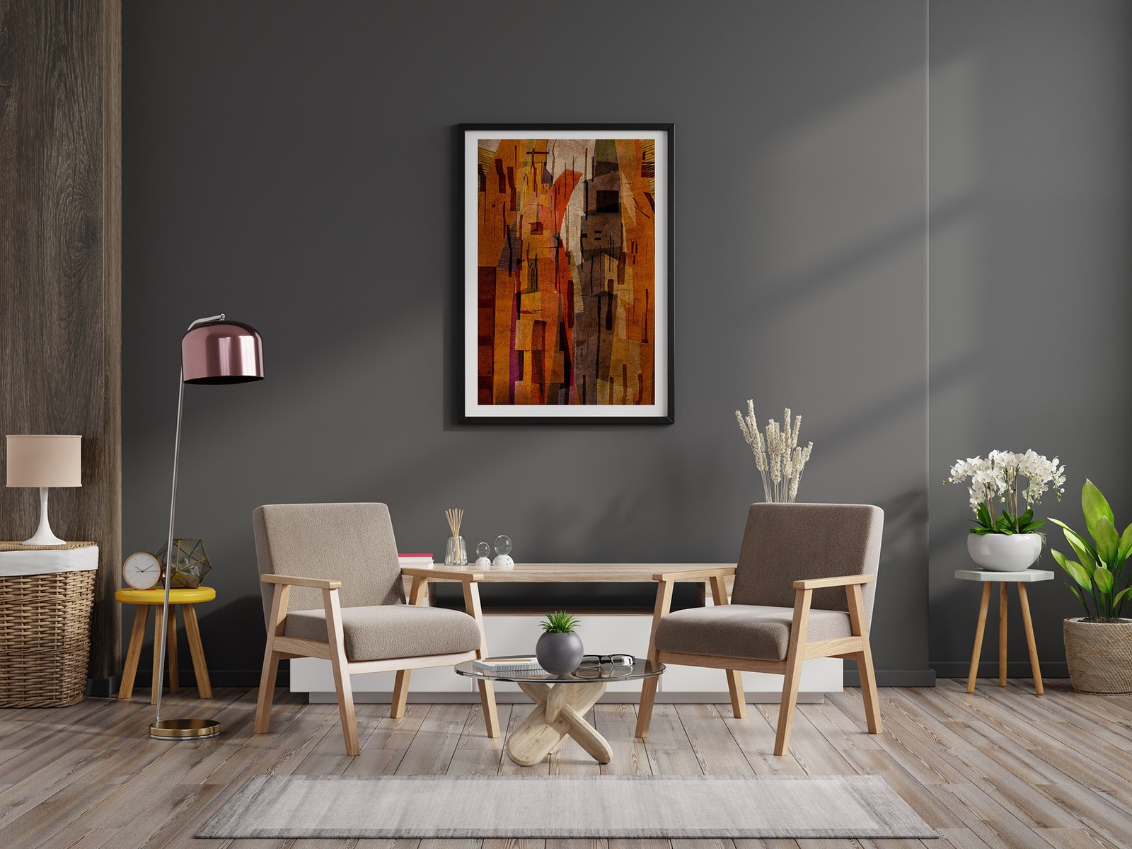 New York, New York! by Ryszard Filipowicz Makieta wydruku z pionowymi ramkami na pustej ciemnej ścianie w salonie z aksamitnym fotelem.