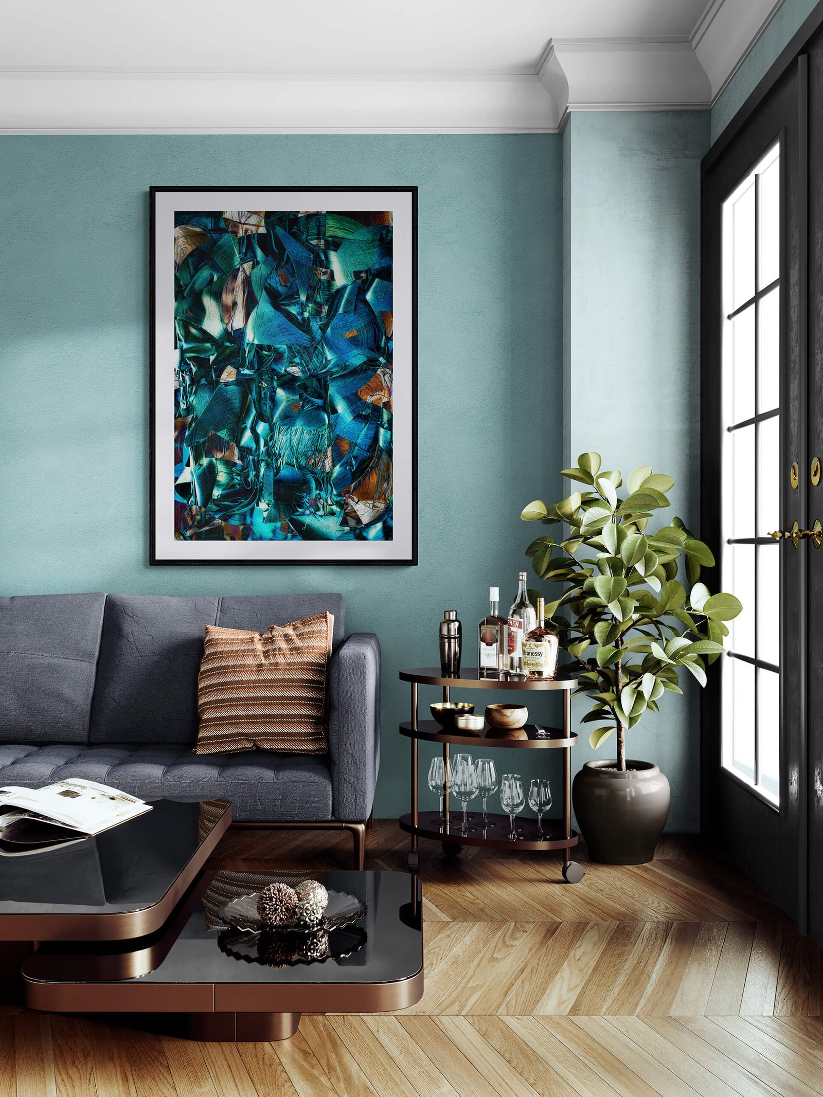 Blyskotki by Ryszard Filipowicz mockup, obraz wiszący na ścianie nad kanapą i niską ławą, obok barku z alkoholami