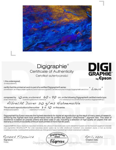 CERTYFIKAT DIGIGRAPHIE POZIOMO DLA OBRAZU PT. LAWA