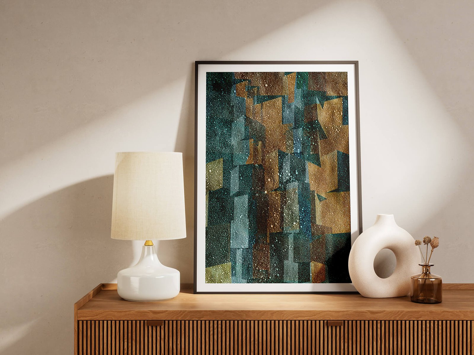 Cubes in snow by Ryszard Filipowicz mockup, wydruk stojący na komodzie obok lampy i ceramicznego wazony w kształcie koła