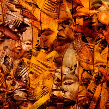 Die Kanibalen – fotografika. Wizualny kolaż, w którym afrykańskie maski przenikają się za sztućcami.