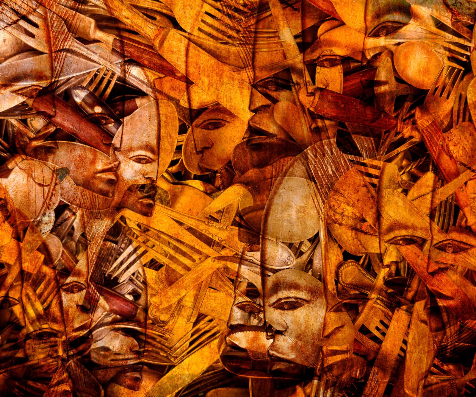 Die Kanibalen – fotografika. Wizualny kolaż, w którym afrykańskie maski przenikają się za sztućcami.