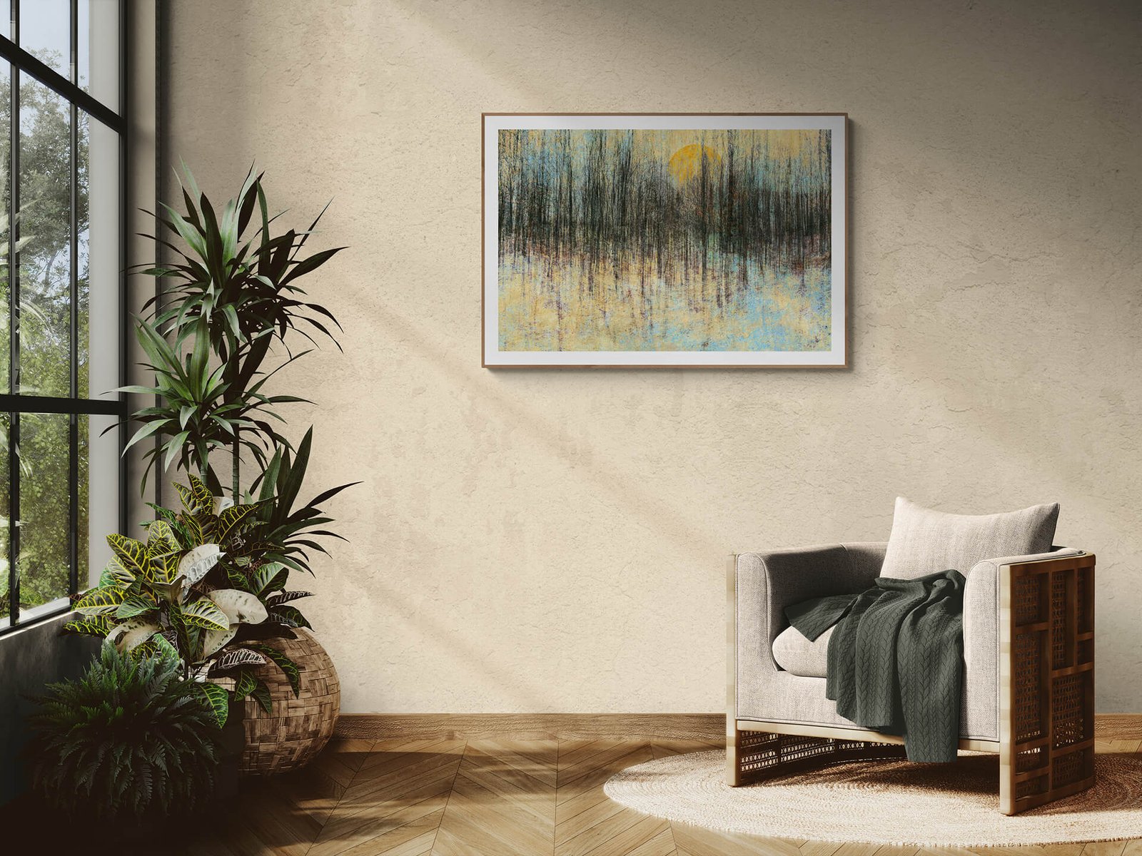 Down on the lake by Ryszard Filipowicz mockup, obraz wiszący na ścianie, w jasnym pokoju, obok rattanowego fotela, na którym leży ciemny koc. Obok okna kilka egzotycznych zielonych roślin.