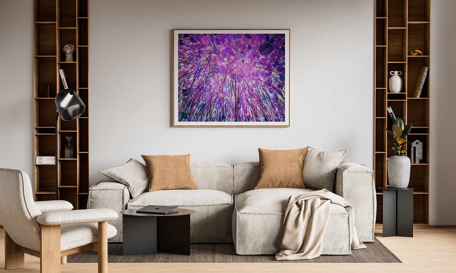 Fireworks by Ryszard Filipowicz mockup, obraz wiszący na ścienie nad eleganckim kompletem wypoczynkowym w kolorach beżu,