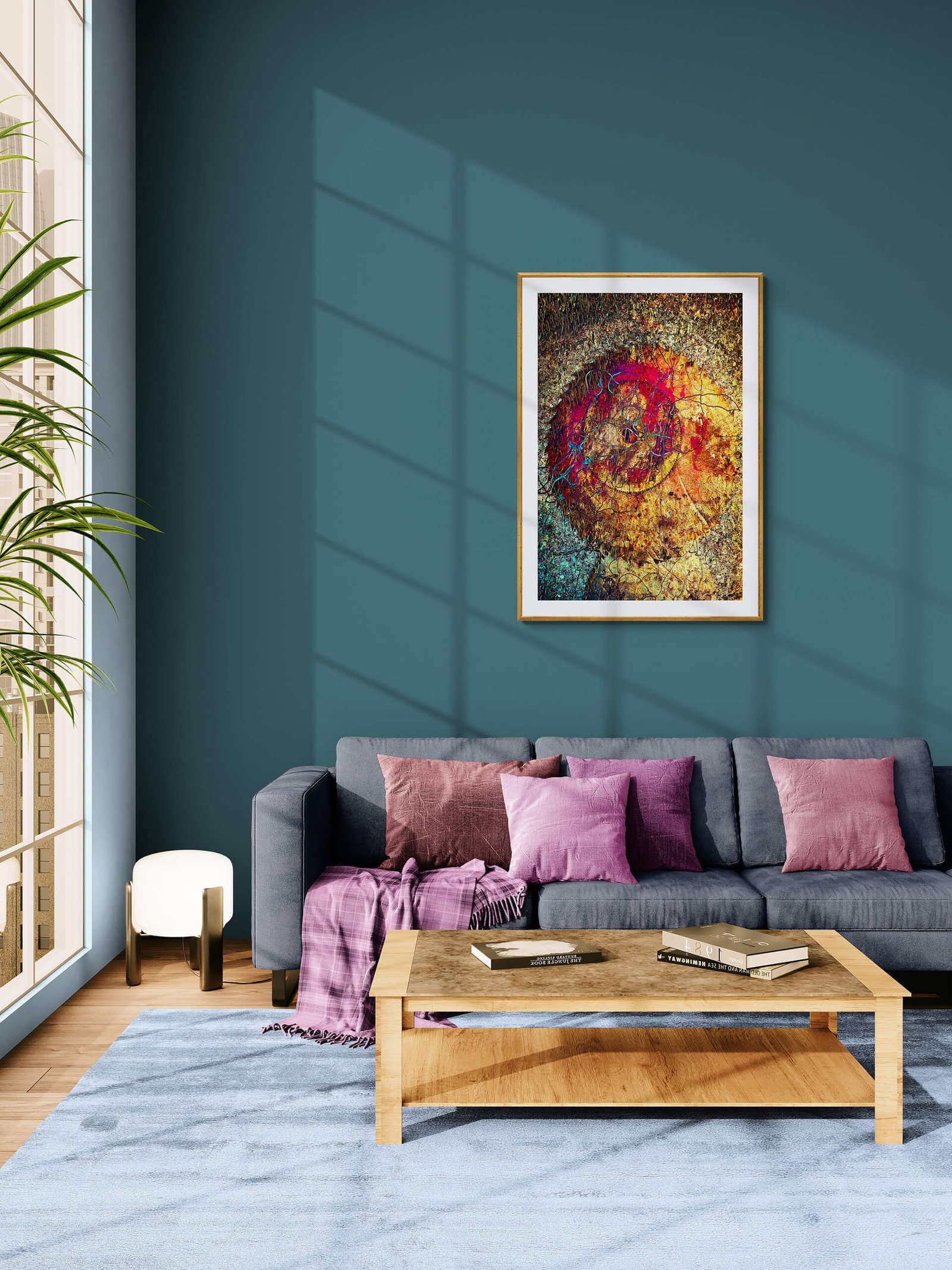 Headphone by Ryszard Filipowicz mockup, obraz wiszący na ciemno turkusowej ścianie, nad kanapą w kolorze stali obok niskiej drewnianej ławy.