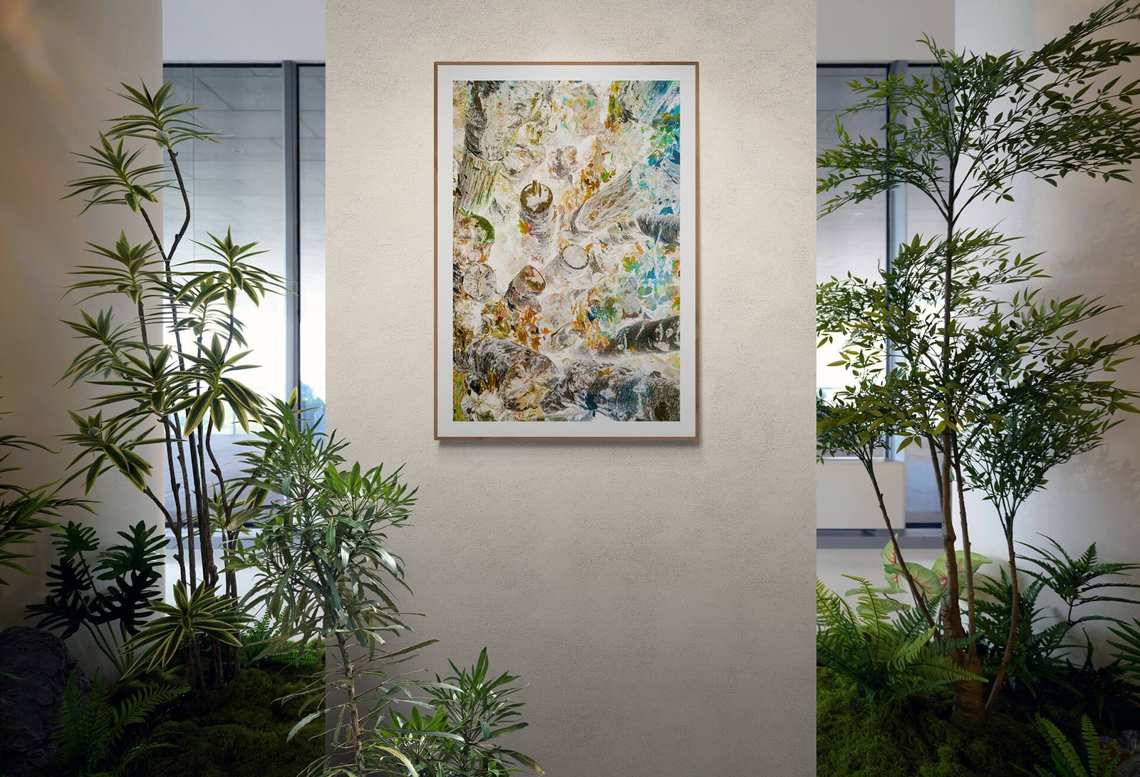 Impressio II by Ryszard filipowicz mockup, wydruk wiszący na ącianie obok pięknych, wysokich, zielonych roślin