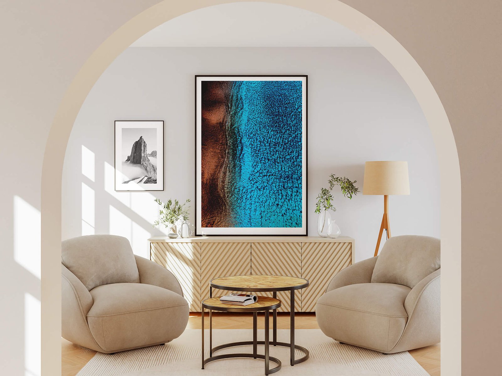 Kolobrzeg is cool by Ryszard Filipowicz mockup, wydruk stojący na komodzie w eleganckim nowoczesnym wnętrzu