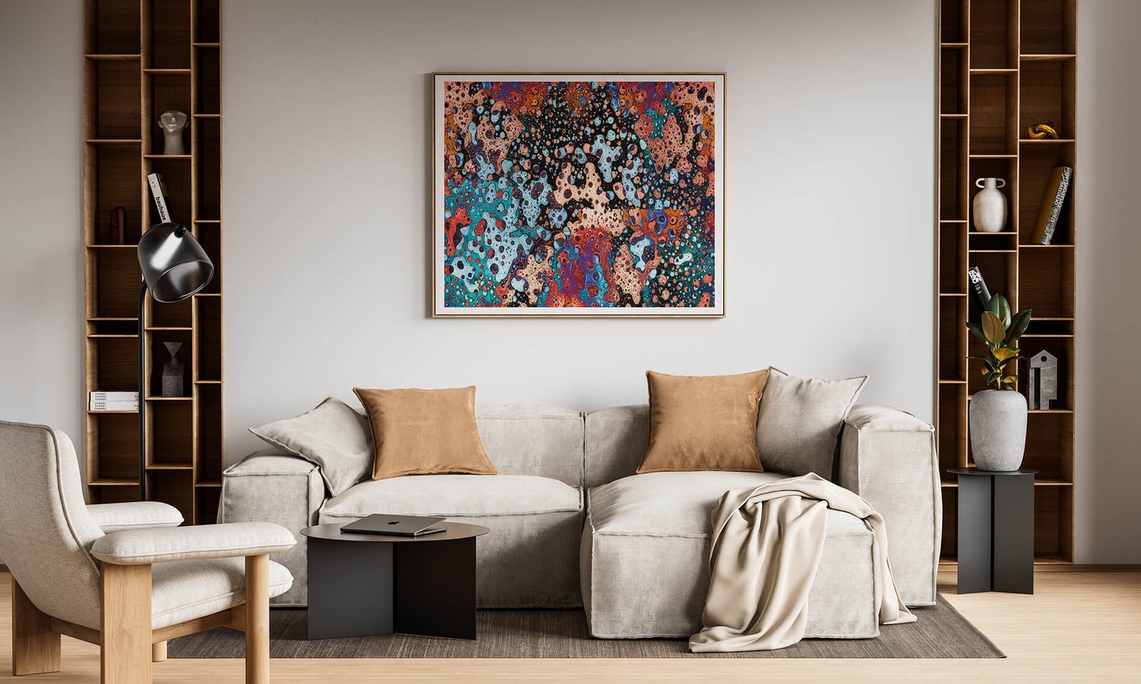 Kosmos by Ryszard Filipowicz mockup, obraz wiszący na ścienie nad eleganckim kompletem wypoczynkowym w kolorach beżu,