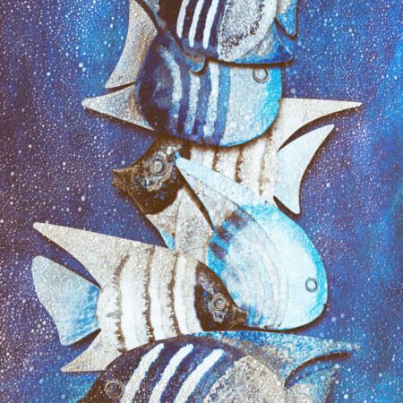 Ławica III - fotografika Wertykalna kompozycja stylizowanych ryb na ciekawym tle.