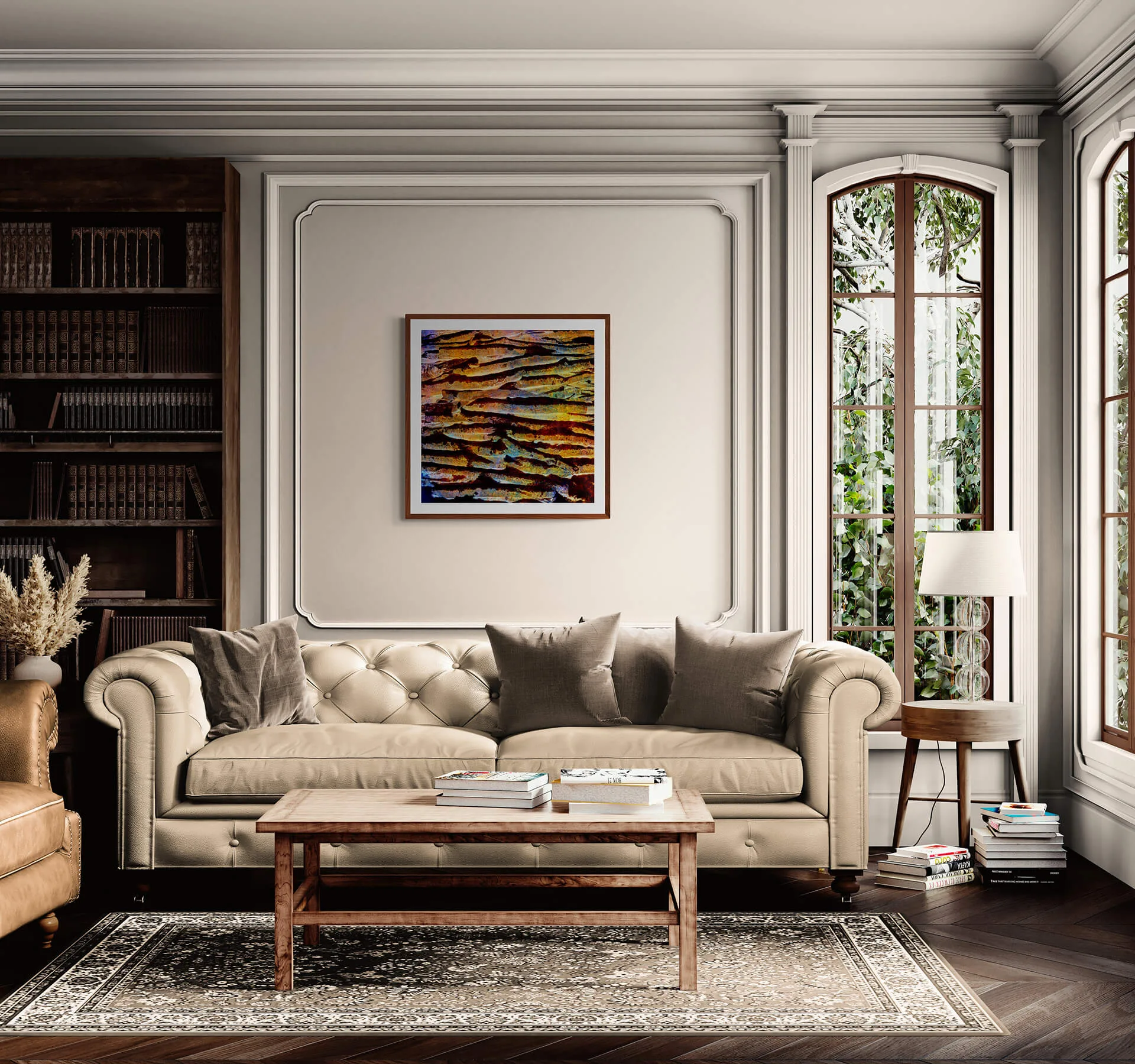 Lawica V by Ryszard Filipowicz, wydruk wiszący w eleganckim staromodnym wnętrzu, obok biblioteczki ze starodrukami