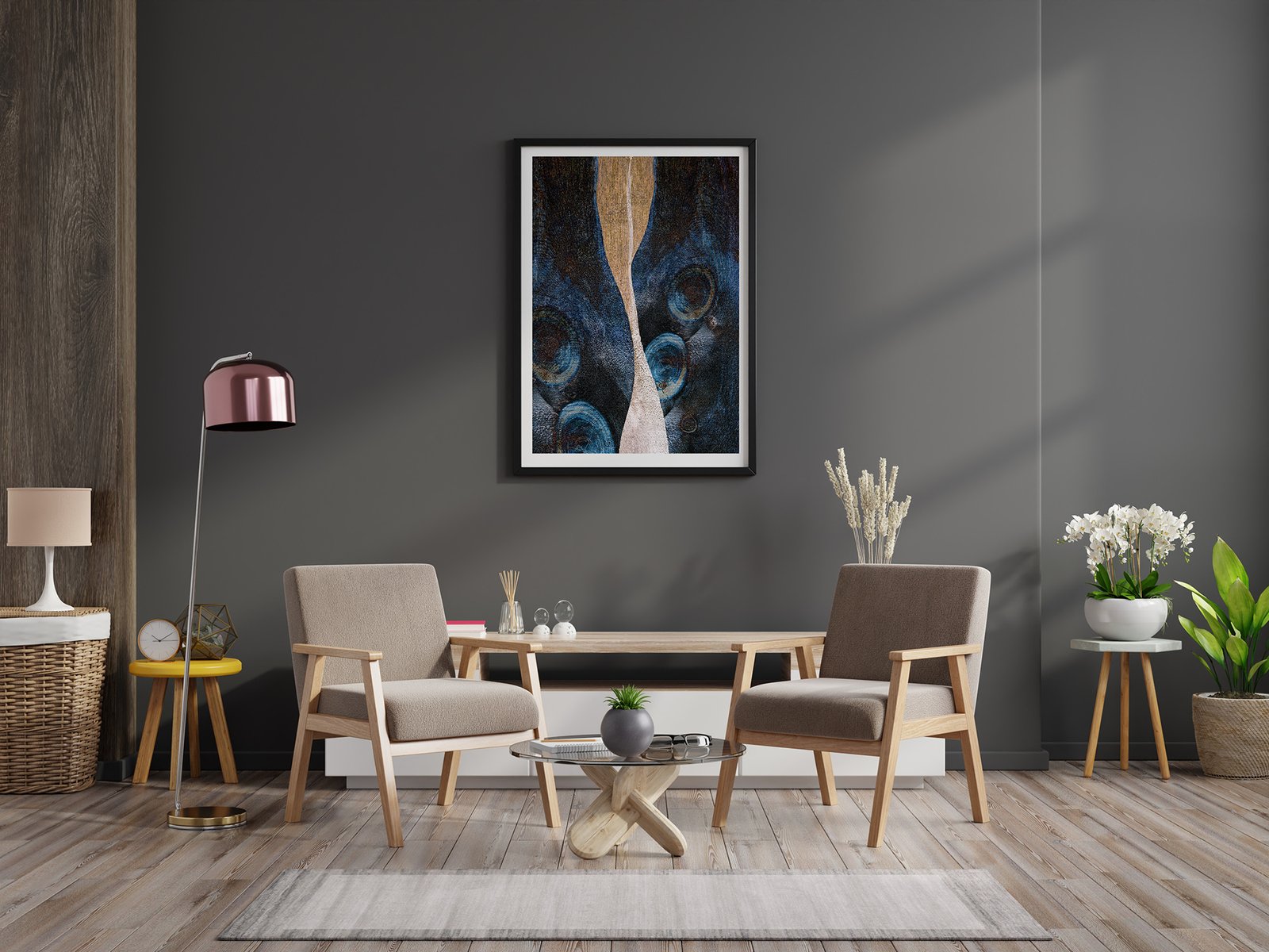 Modigliani-by-Ryszard-Filipowicz-mockup.jpg, obraz wiszący na ścianie w eleganckim salonie z pluszowymi fotelami.