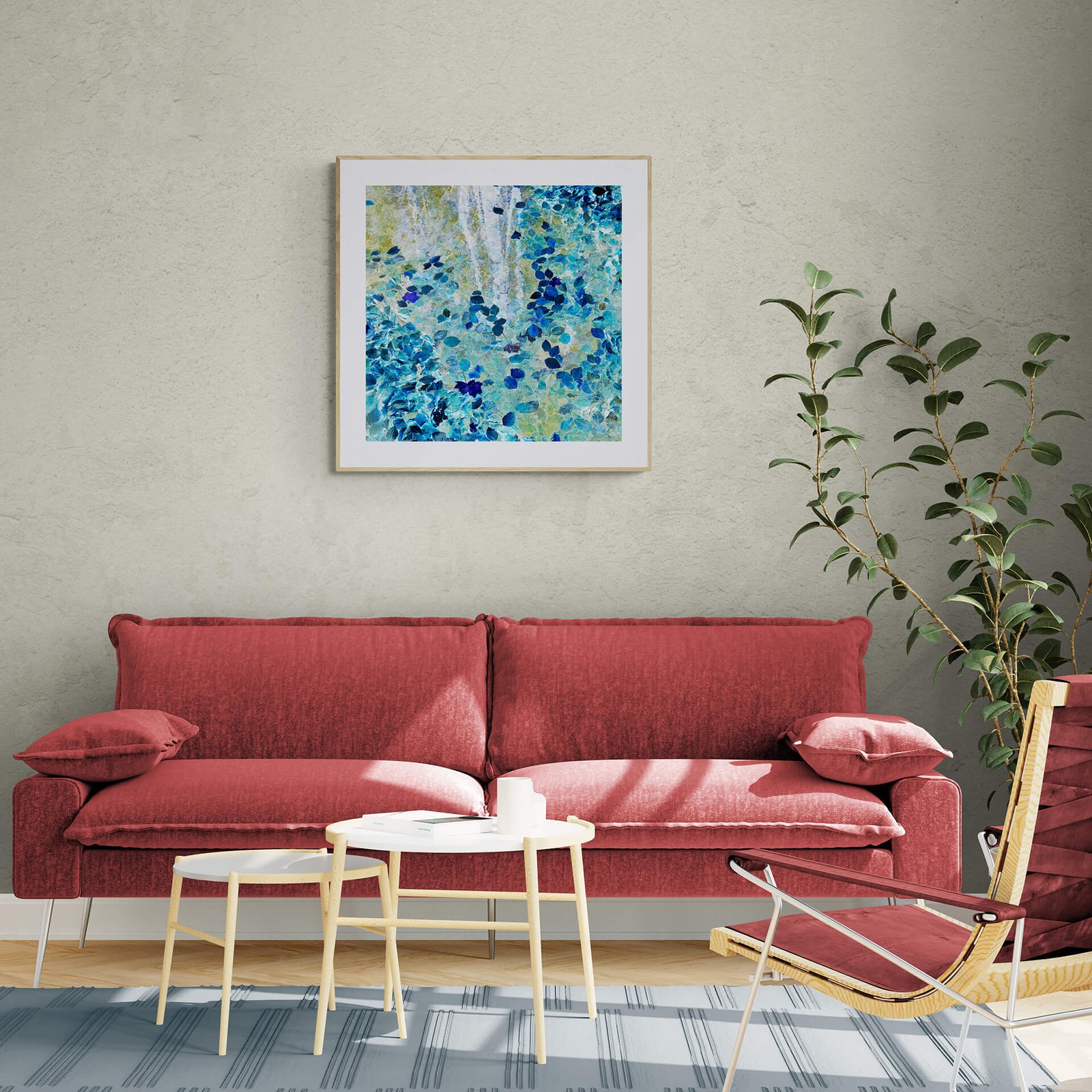 Monet by Ryszard Filipowicz mockup, obraz wiszący na oliwkowej ścianie nad kanapą w kolorze makowym.