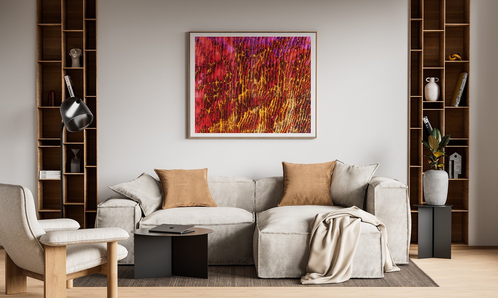 Net-by-Ryszard-Filipowicz-mockup, obraz wiszący na ścienie nad eleganckim kompletem wypoczynkowym w kolorach beżu,