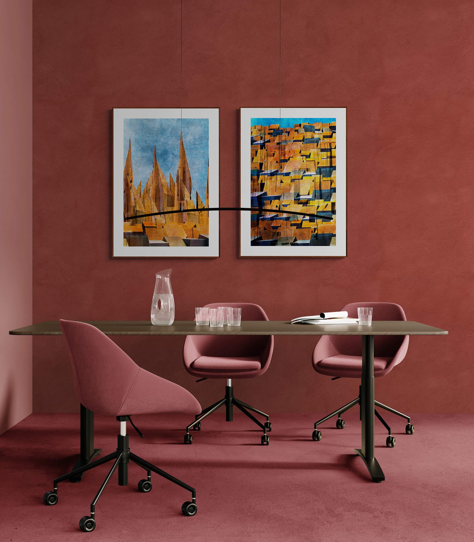 Old Town by Ryszard Filipowicz mockup, obraz wiszący na bordowej ścianie w niewielkim pomieszczeniu biurowym ze stołem konferencyjnym i fotelikami