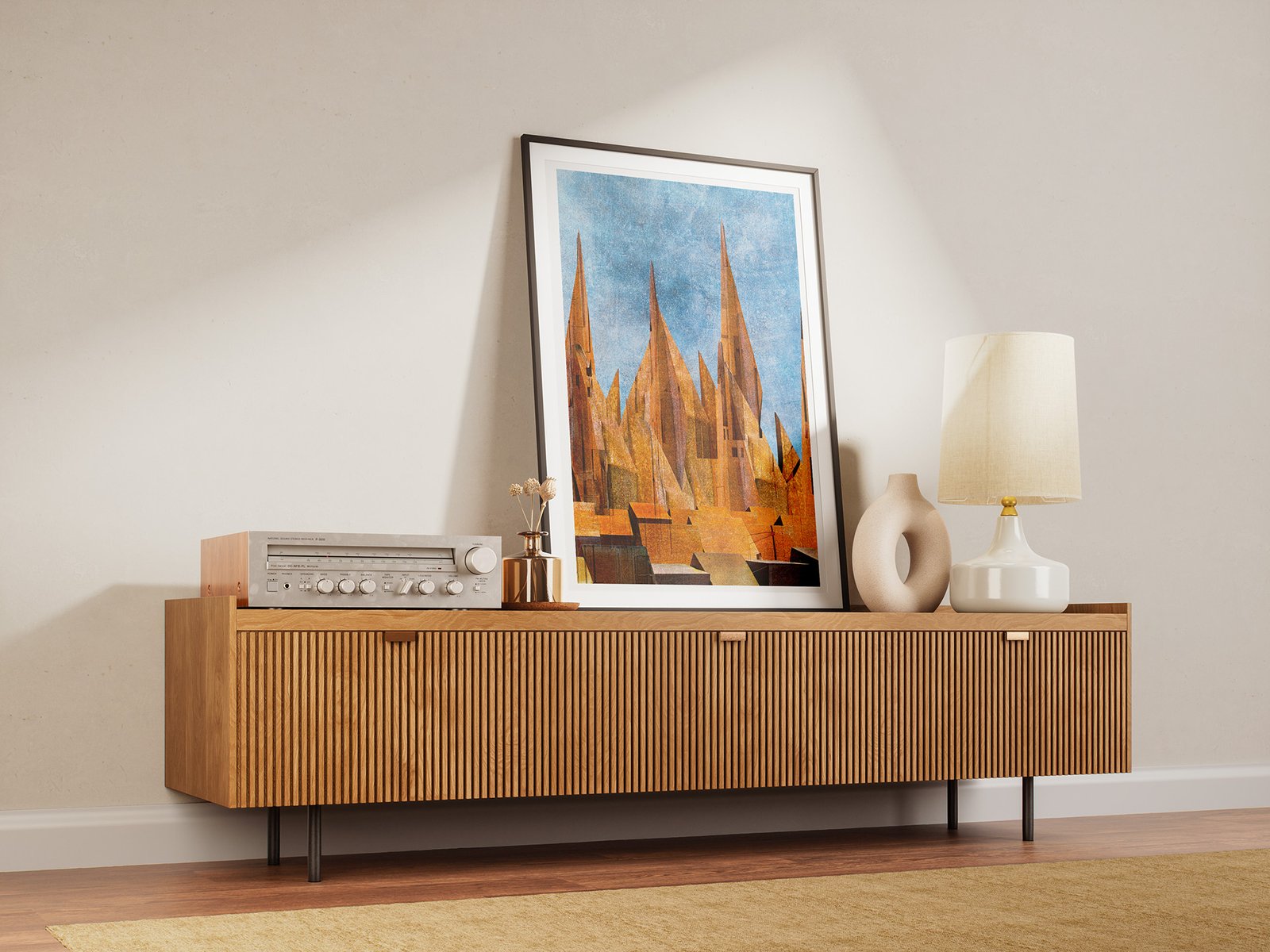 Old Town by Ryszard Filipowicz mockup, obraz stojący na komodzie obok radioodbiornika i lampy