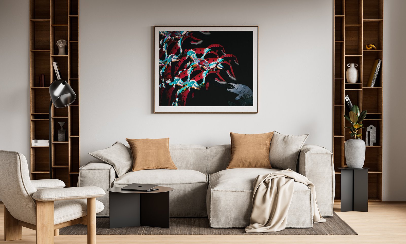 Outsider-by-Ryszard-Filipowicz-mockup, obraz wiszący na ścienie nad eleganckim kompletem wypoczynkowym w kolorach beżu,