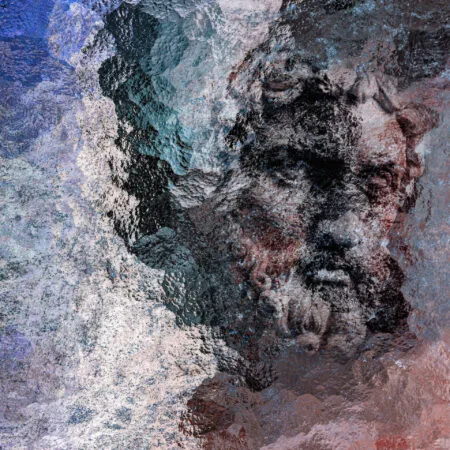 Home Posejdon - fotografika Oblicze Posejdona wynurzające się z chaotycznej materii, podobnej do morskiej piany.