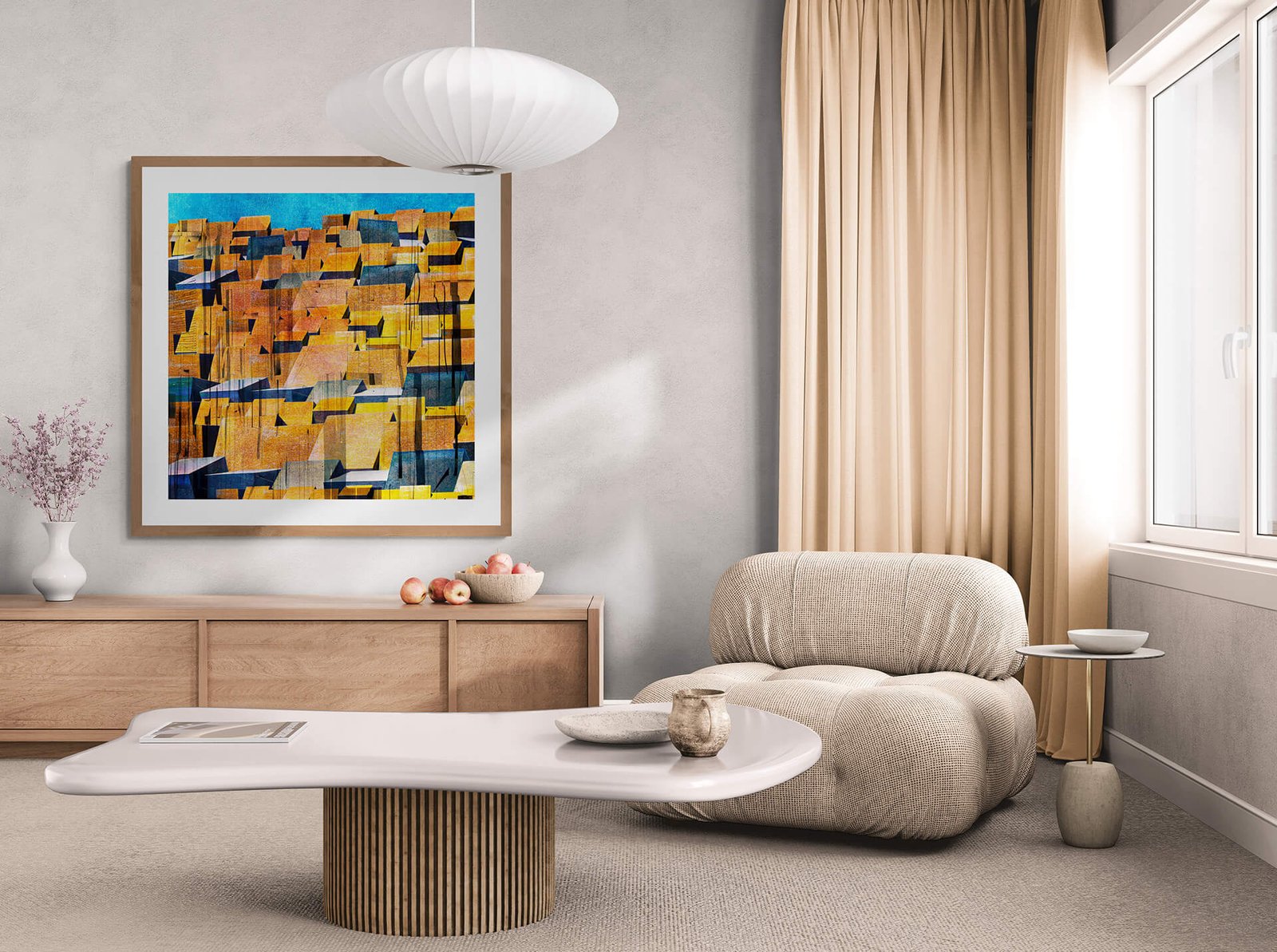 Roofs of Siena by Ryszard Filipowicz mockup , obraz wiszący na sianie nad komodą w eleganckim jasnym salonie