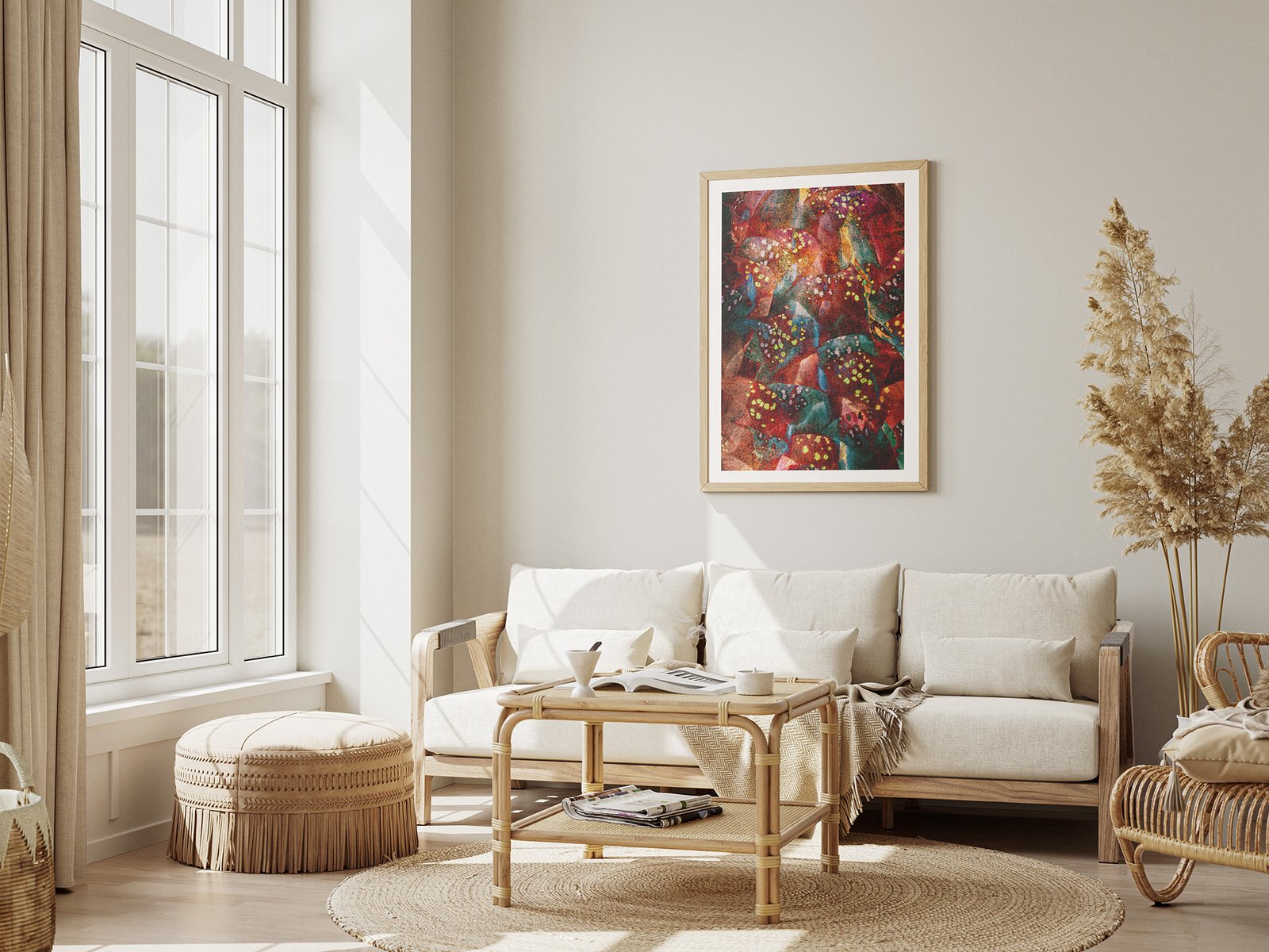 Swietliki by Ryszard Filipowicz mockup, obraz wiszący nad kanapą, w jasnym przestronnym salonie, z rattanowymi meblami