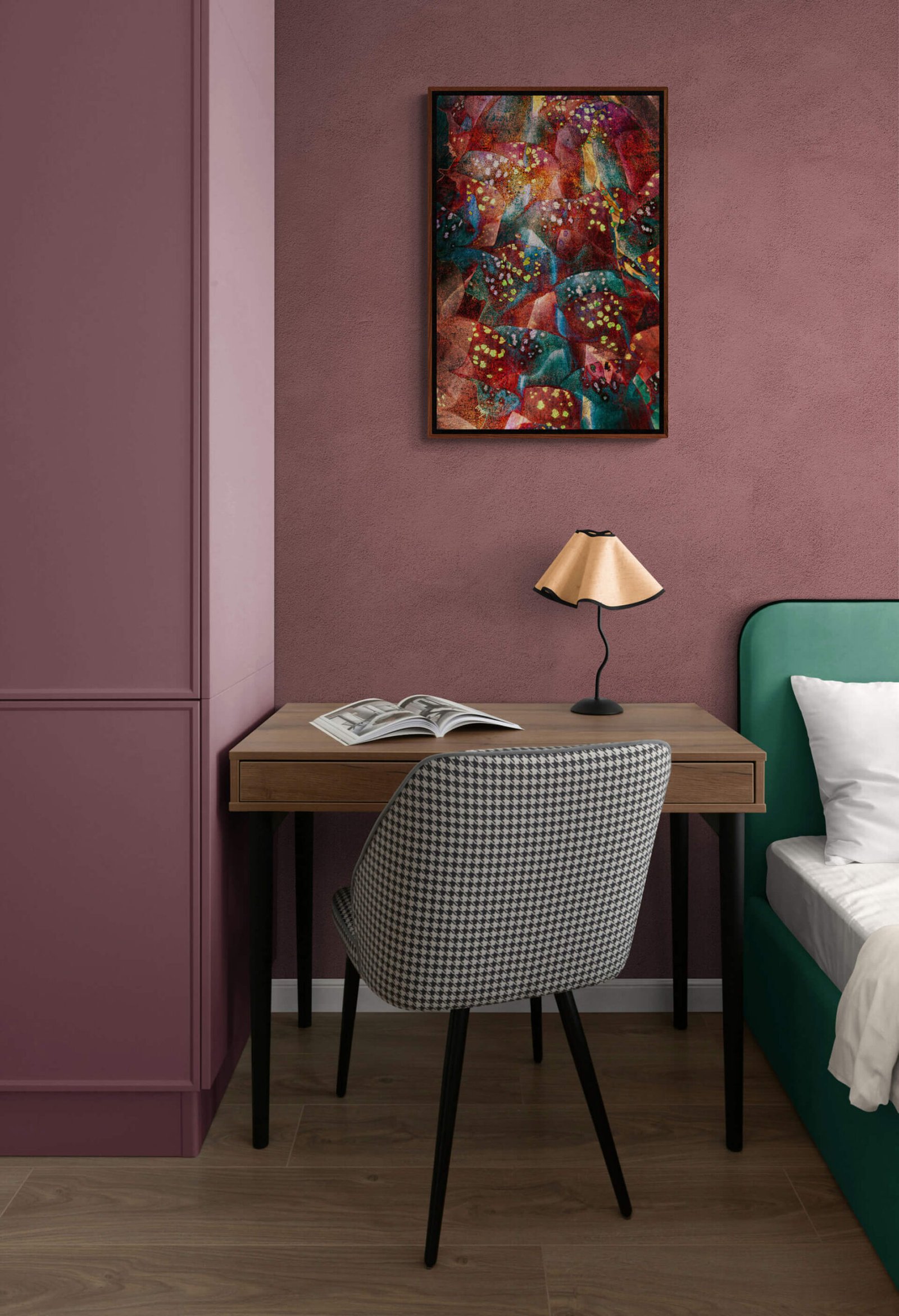 Swietliki by Ryszard filipowicz - wydruk wiszący na bordowej ścianie nad biurkiem,