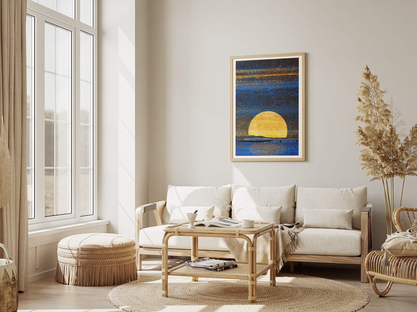 The moon by Ryszard Filipowicz mockup, obraz wiszący nad kanapą, w jasnym przestronnym salonie, z rattanowymi meblami