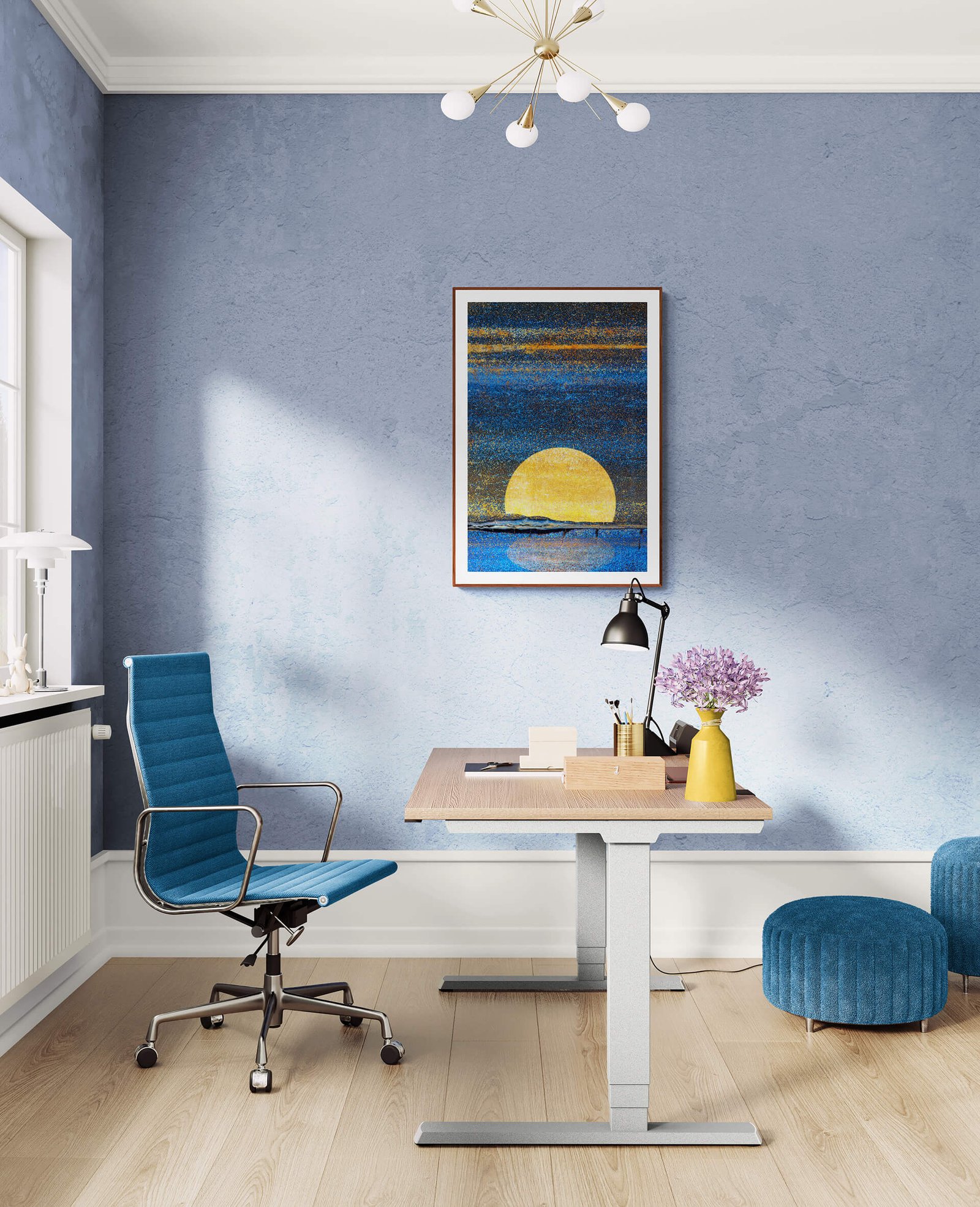 The moon by Ryszard Filipowicz mockup, obraz wiszący w na błękitnej ścianie, w gabinecie z biurkiem i nowoczesnym fotelem.
