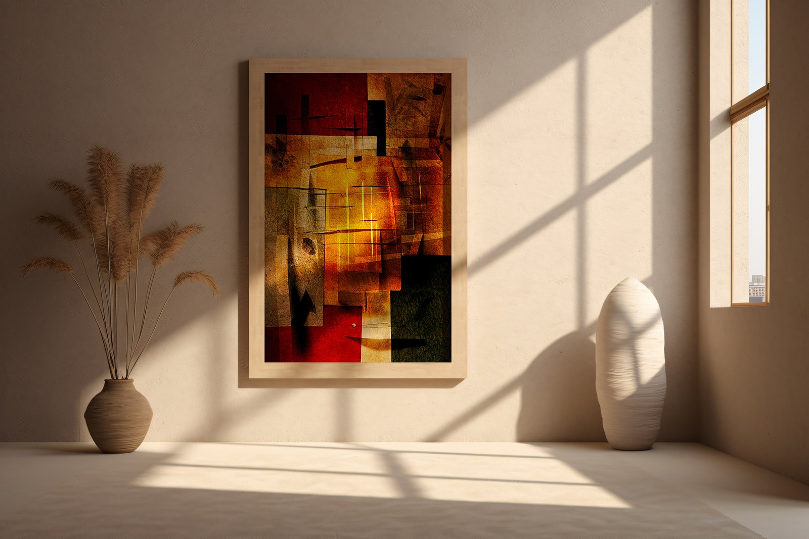 Wycinanki by Ryszard Filipowicz mockup, oraz wiszący nisko nad podłogą, w ciekawym minimalistycznym wnętrzu